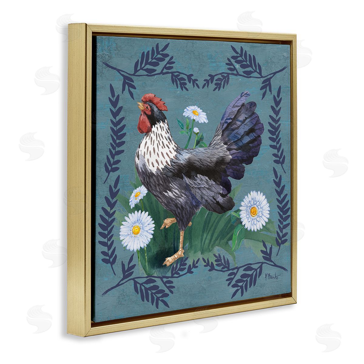 Country Hen and Ferns Gold Floating Frame Canvas Wall Art, Home Decor by Paul Brent
