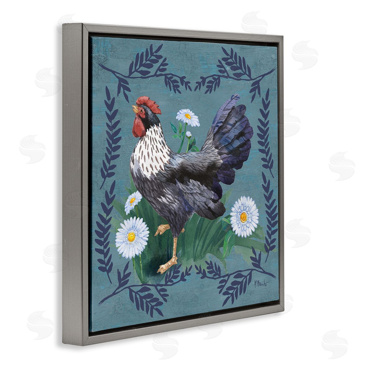 Country Hen and Ferns Grey Floating Frame Canvas Wall Art, Home Decor by Paul Brent