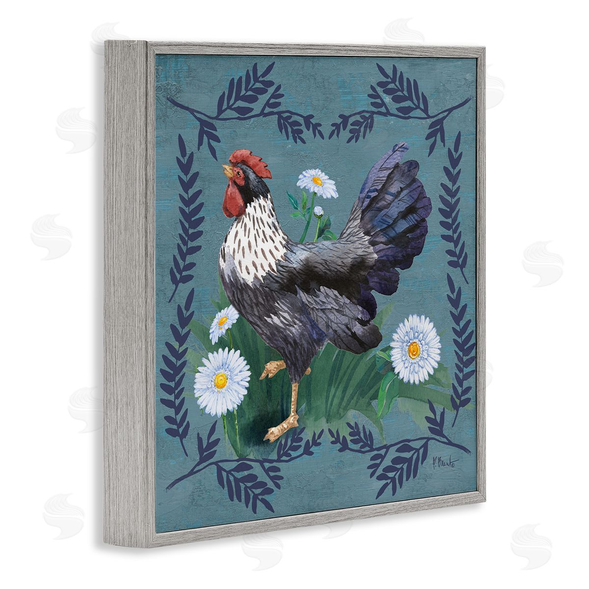 Country Hen and Ferns Grey Frame Print Wall Art, Home Decor by Paul Brent