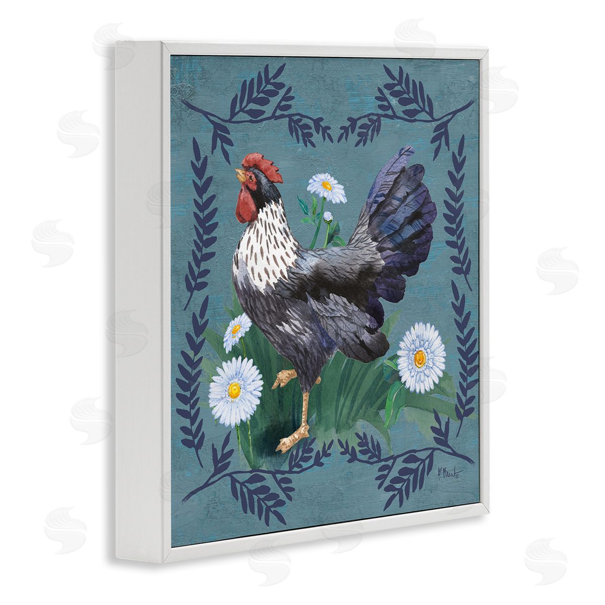 Country Hen and Ferns White Frame Print Wall Art, Home Decor by Paul Brent