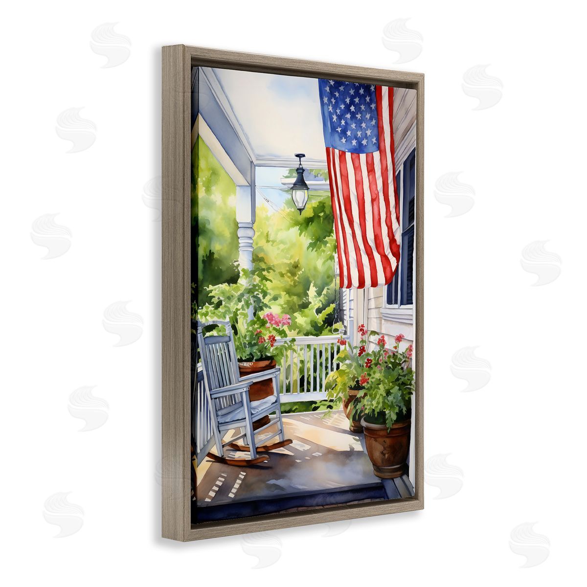 Patriotic Summer Porch Brown Floating Frame Canvas Wall Art, Home Decor by Petal Prints Design