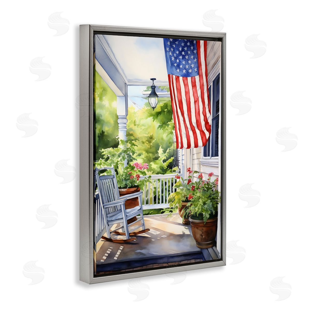 Patriotic Summer Porch Grey Floating Frame Canvas Wall Art, Home Decor by Petal Prints Design