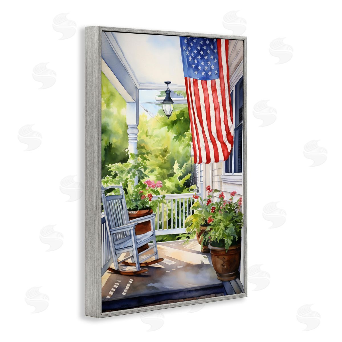 Patriotic Summer Porch Grey Frame Print Wall Art, Home Decor by Petal Prints Design