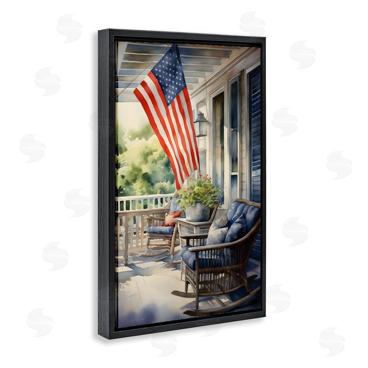 Porch with American Flag Black Floating Frame Canvas Wall Art, Home Decor by Petal Prints Design