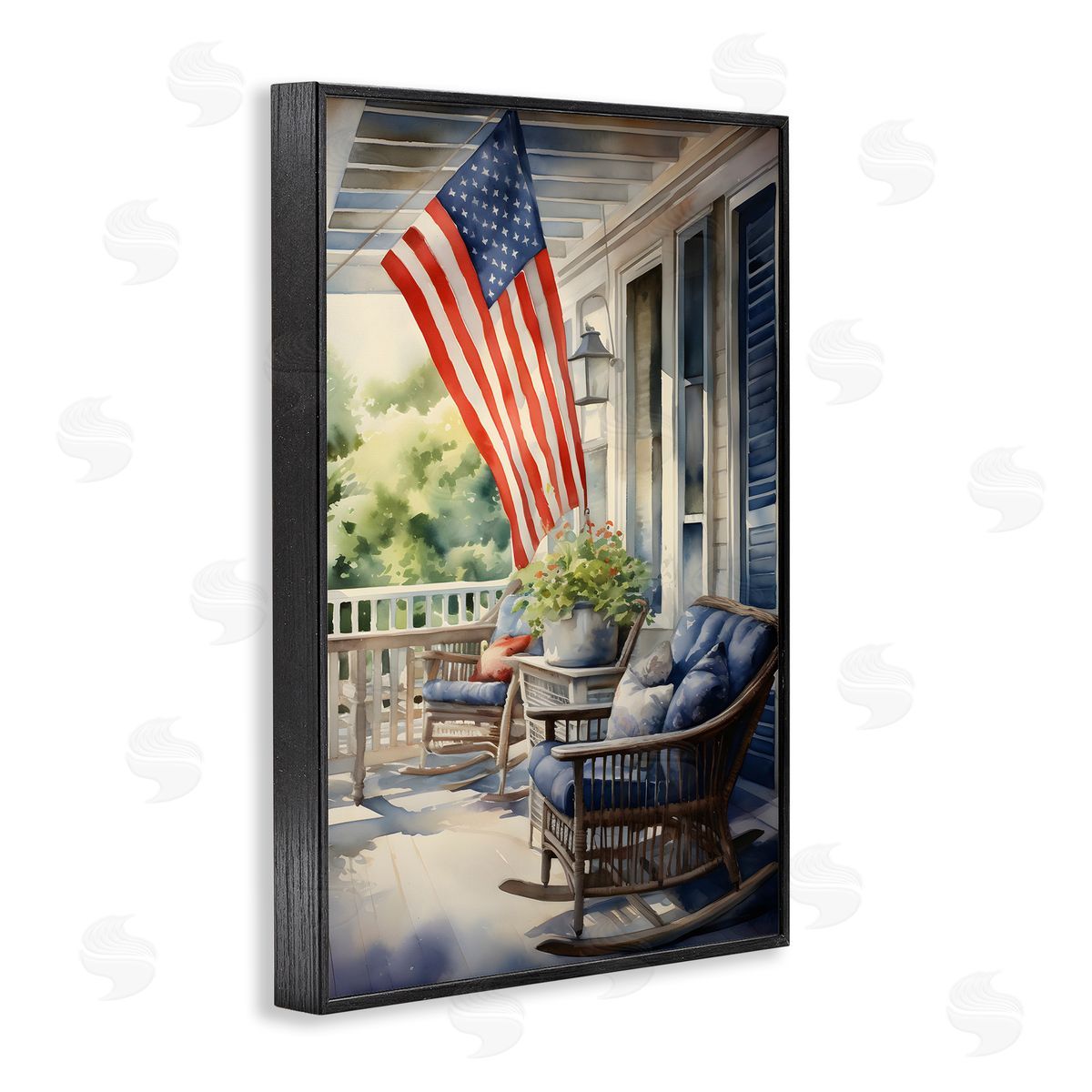 Porch with American Flag Black Frame Print Wall Art, Home Decor by Petal Prints Design