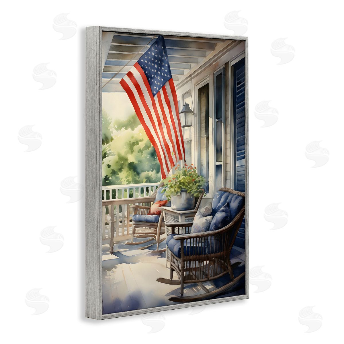 Porch with American Flag Grey Frame Print Wall Art, Home Decor by Petal Prints Design