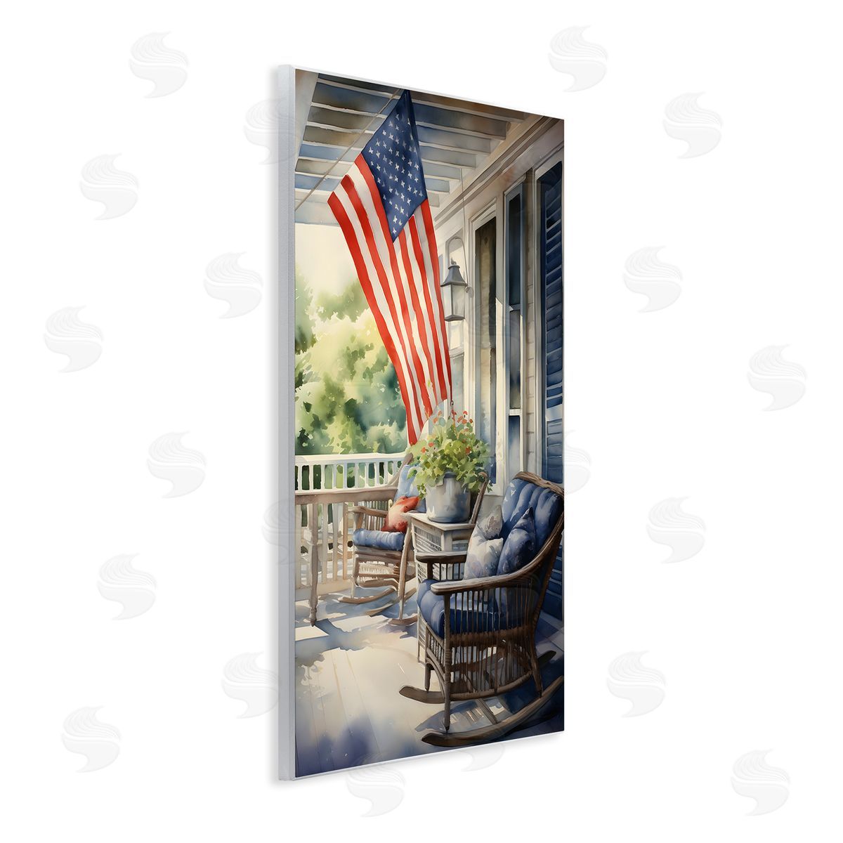Porch with American Flag Wood Plaque Wall Art, Home Decor by Petal Prints Design