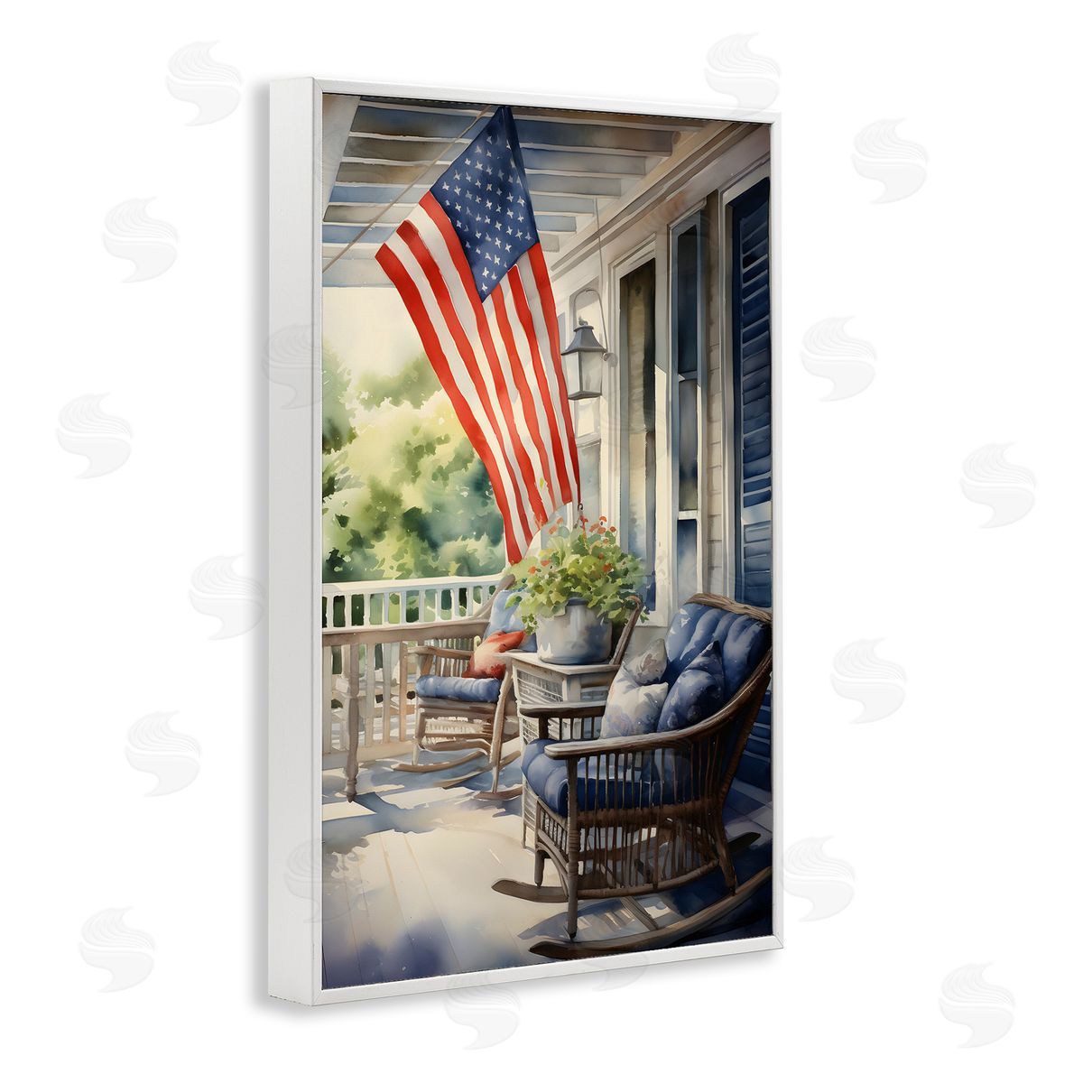 Porch with American Flag White Frame Print Wall Art, Home Decor by Petal Prints Design