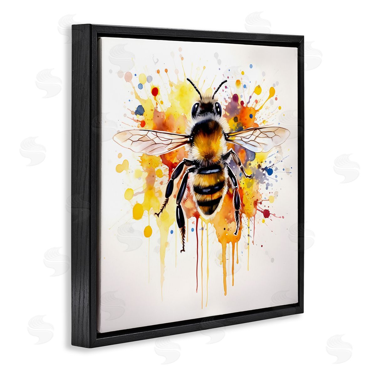 Watercolor Style Bee Black Floating Frame Canvas Wall Art, Home Decor by Petal Prints Design