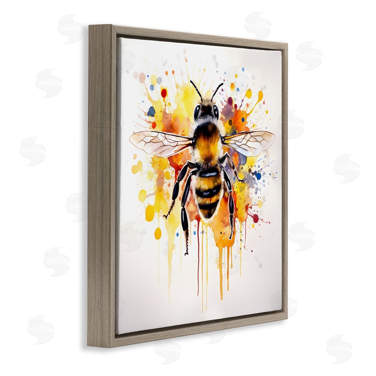 Watercolor Style Bee Brown Floating Frame Canvas Wall Art, Home Decor by Petal Prints Design