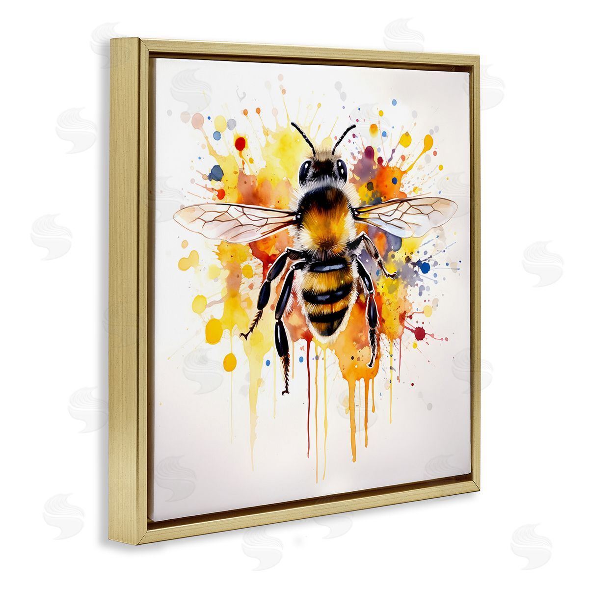 Watercolor Style Bee Gold Floating Frame Canvas Wall Art, Home Decor by Petal Prints Design