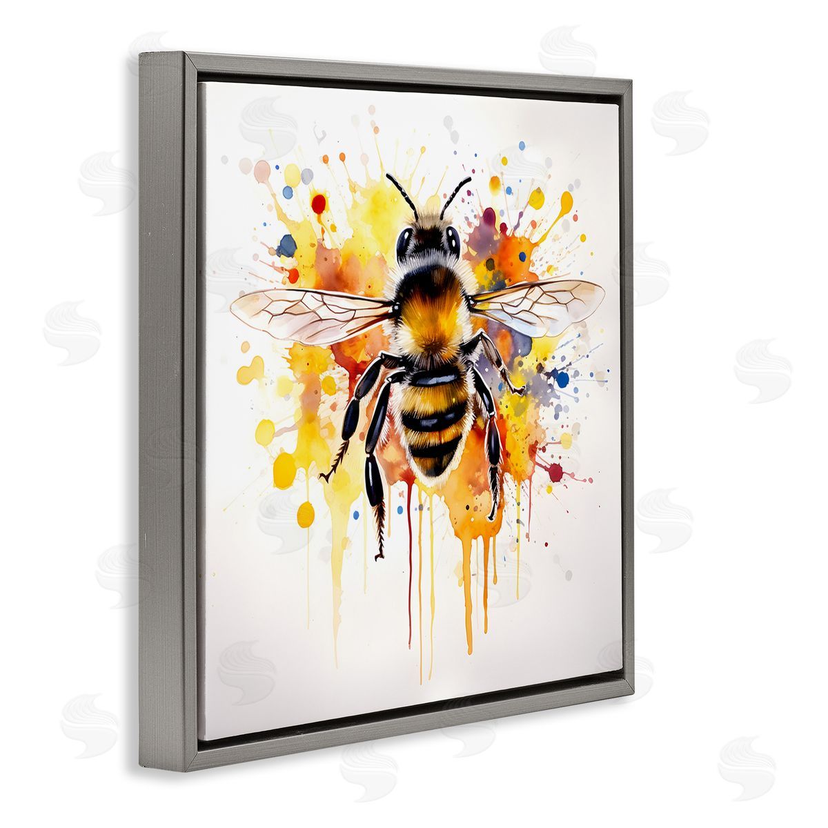 Watercolor Style Bee Grey Floating Frame Canvas Wall Art, Home Decor by Petal Prints Design