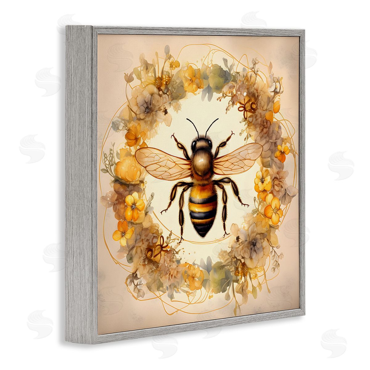 Country Bee Wreath Grey Frame Print Wall Art, Home Decor by Petal Prints Design