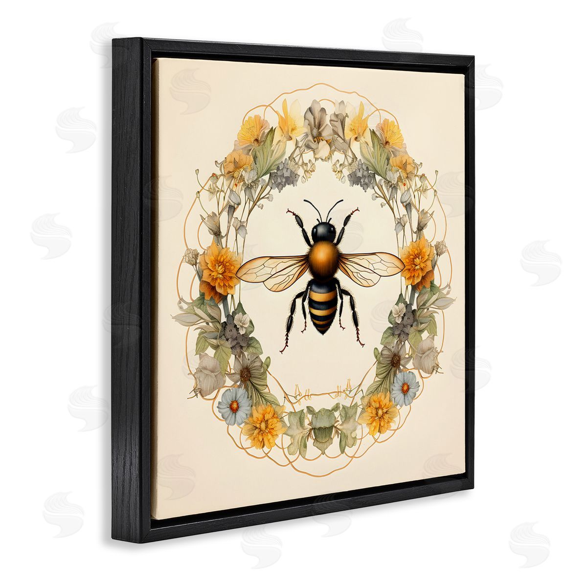 Cottage Bee Wreath Black Floating Frame Canvas Wall Art, Home Decor by Petal Prints Design