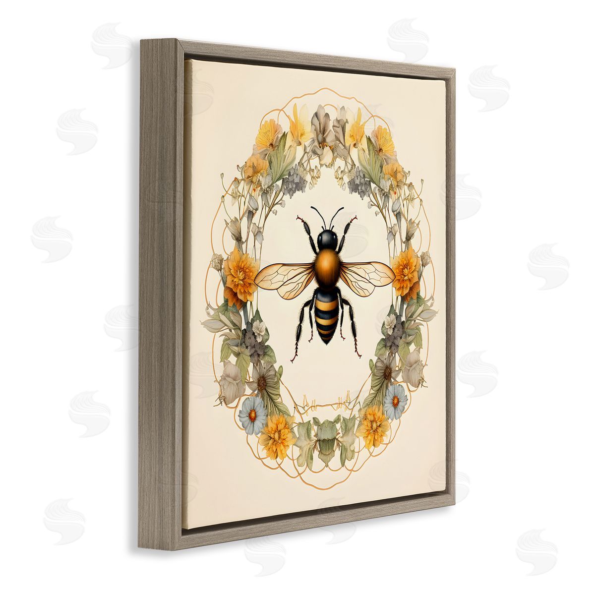 Cottage Bee Wreath Brown Floating Frame Canvas Wall Art, Home Decor by Petal Prints Design