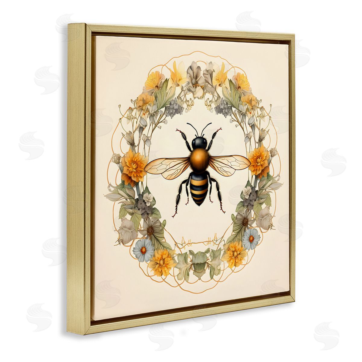 Cottage Bee Wreath Gold Floating Frame Canvas Wall Art, Home Decor by Petal Prints Design