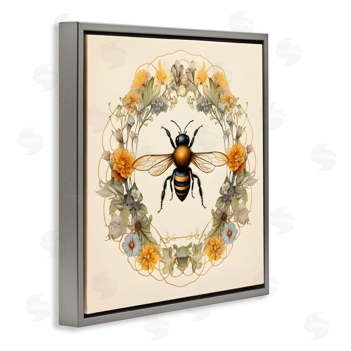 Cottage Bee Wreath Grey Floating Frame Canvas Wall Art, Home Decor by Petal Prints Design