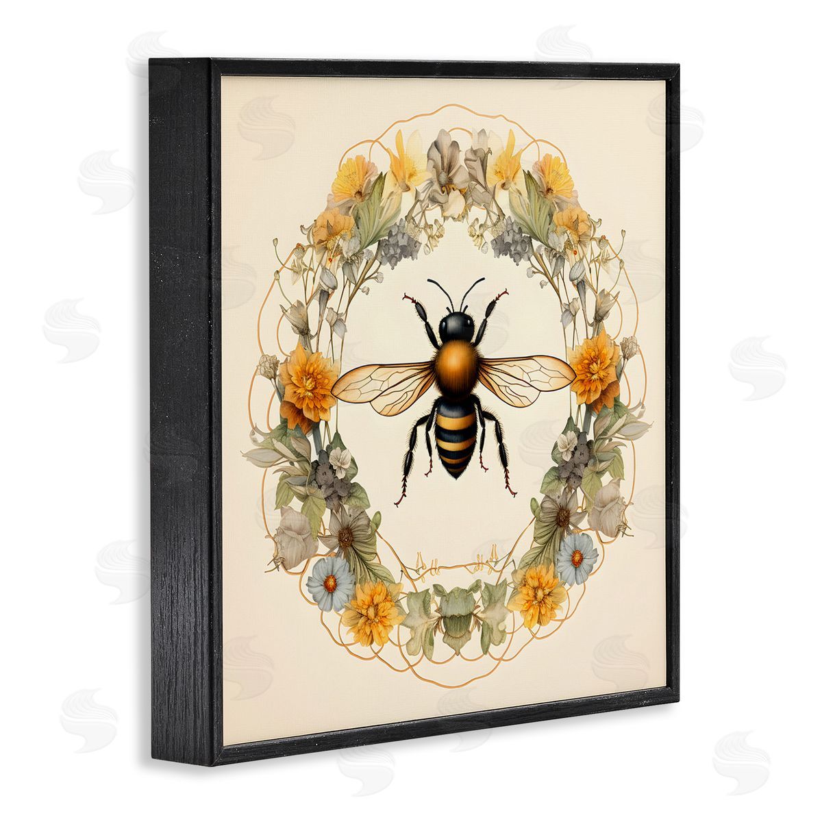 Cottage Bee Wreath Black Frame Print Wall Art, Home Decor by Petal Prints Design