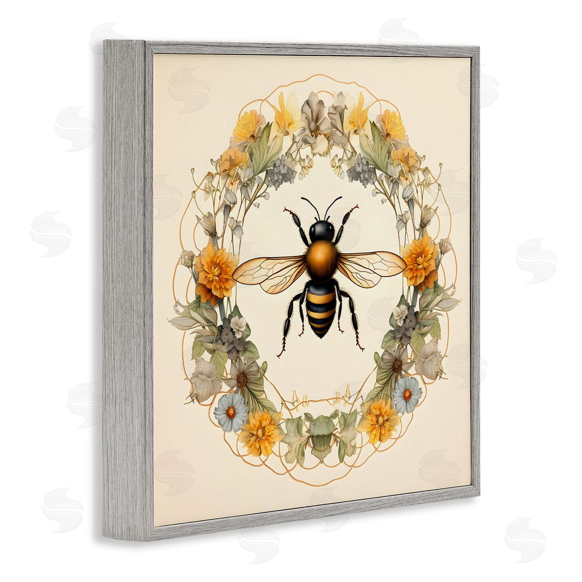 Cottage Bee Wreath Grey Frame Print Wall Art, Home Decor by Petal Prints Design
