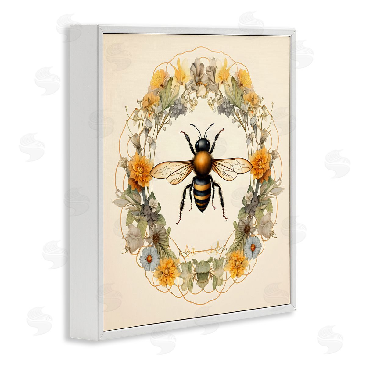 Cottage Bee Wreath White Frame Print Wall Art, Home Decor by Petal Prints Design