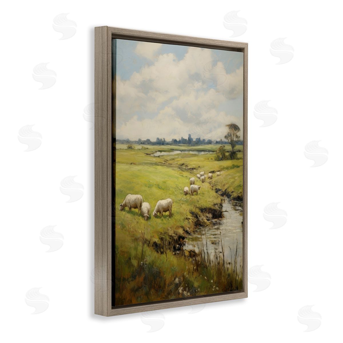 Grazing Sheep Countryside Brown Floating Frame Canvas Wall Art, Home Decor by Petal Prints Design