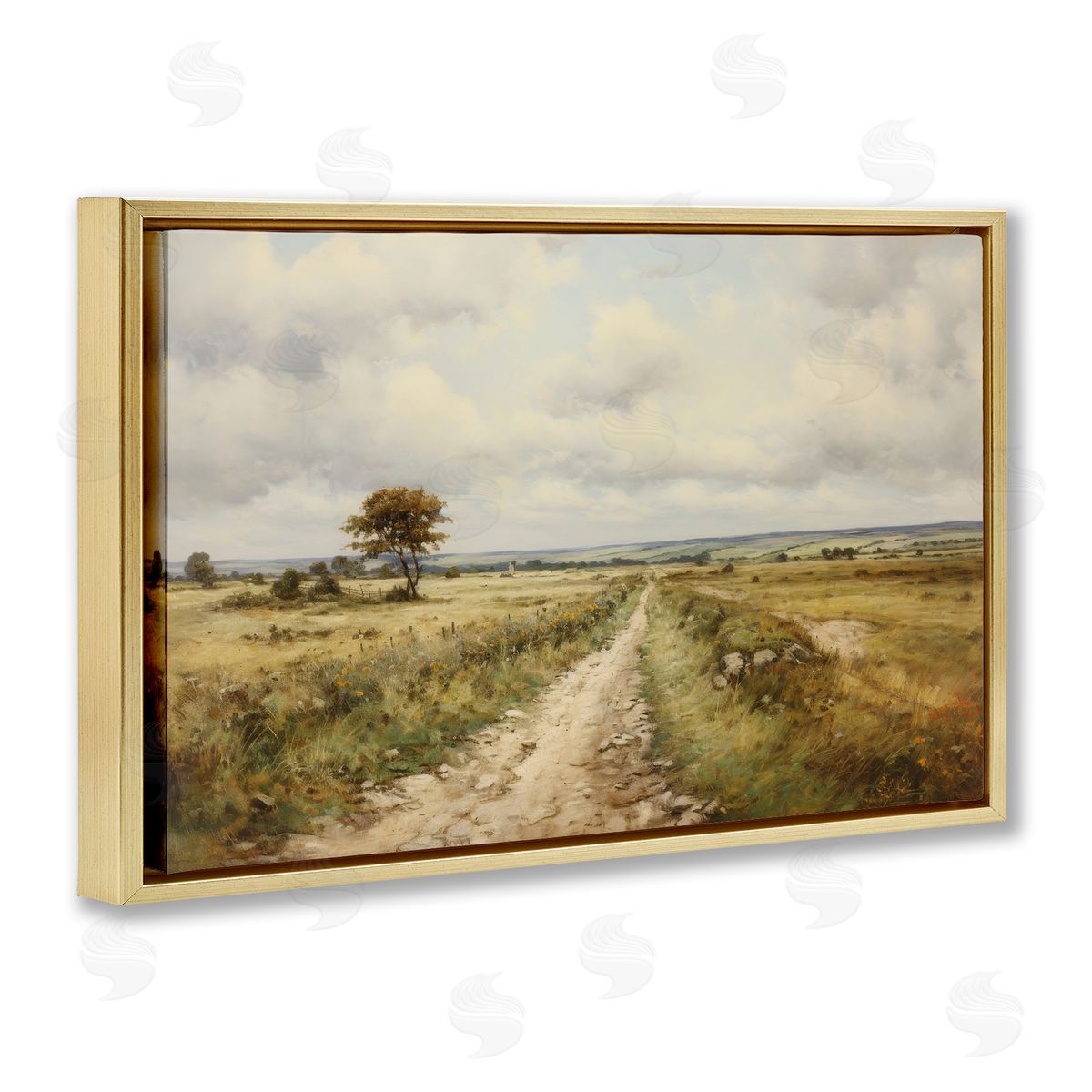 Petal Prints Design Rural Farm Road Gold Floating Frame Canvas Wall Art Print
