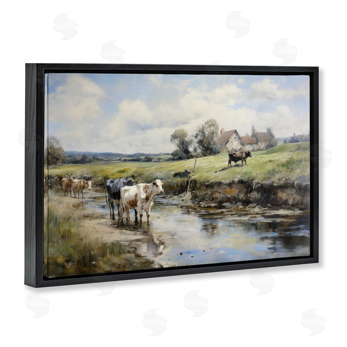 Petal Prints Design Free Roaming Cattle Black Floating Frame Canvas Wall Art Print