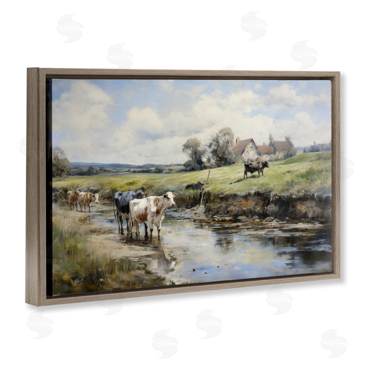 Petal Prints Design Free Roaming Cattle Brown Floating Frame Canvas Wall Art Print