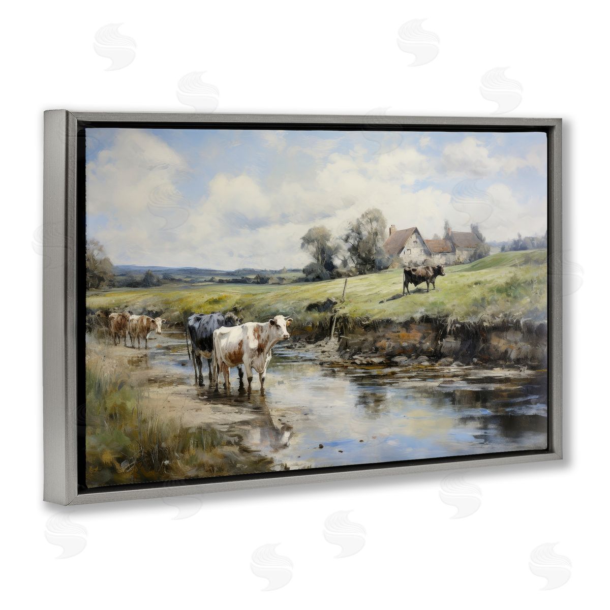 Petal Prints Design Free Roaming Cattle Gray Floating Frame Canvas Wall Art Print