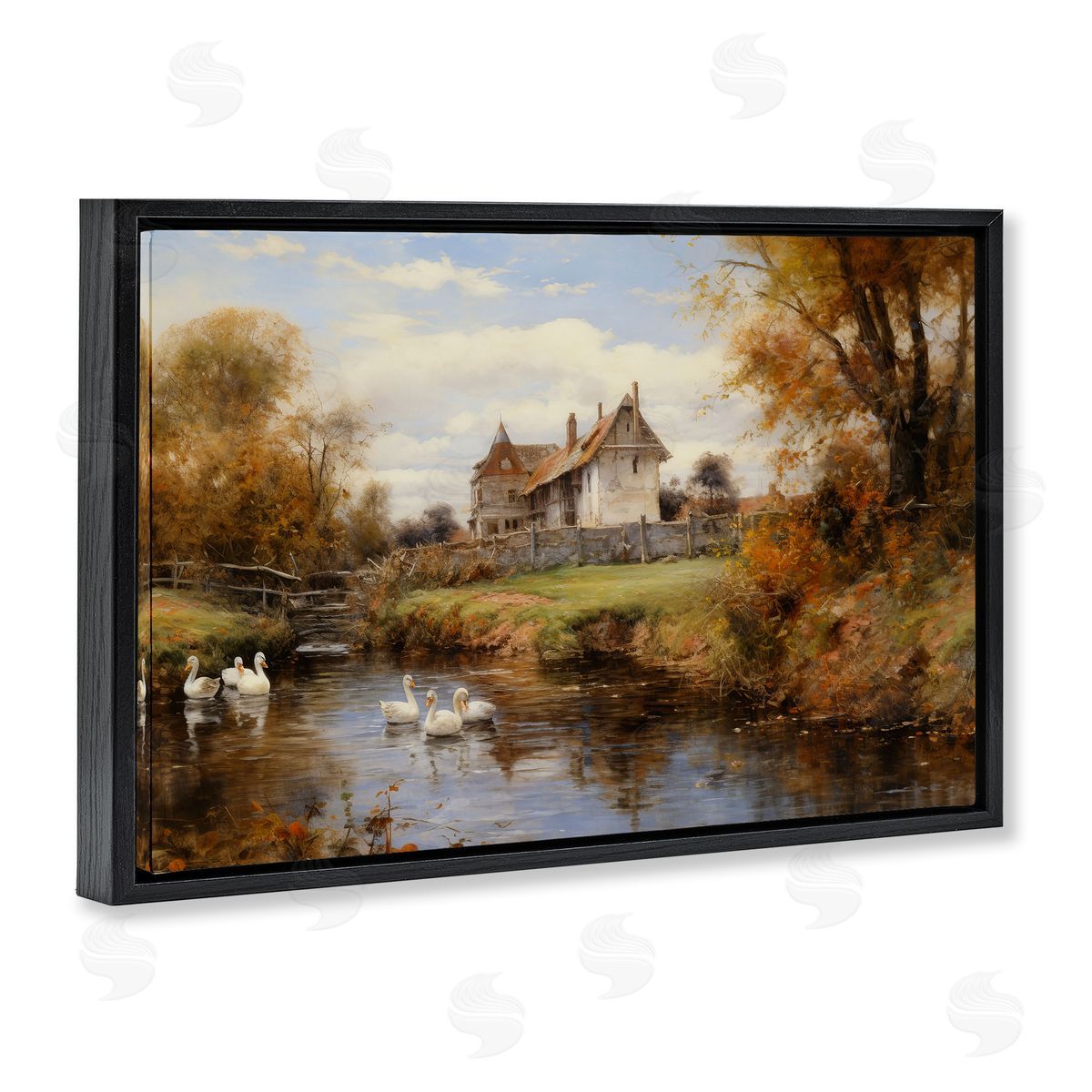 Petal Prints Design Ducks in Cottage River Black Floating Frame Canvas Wall Art Print