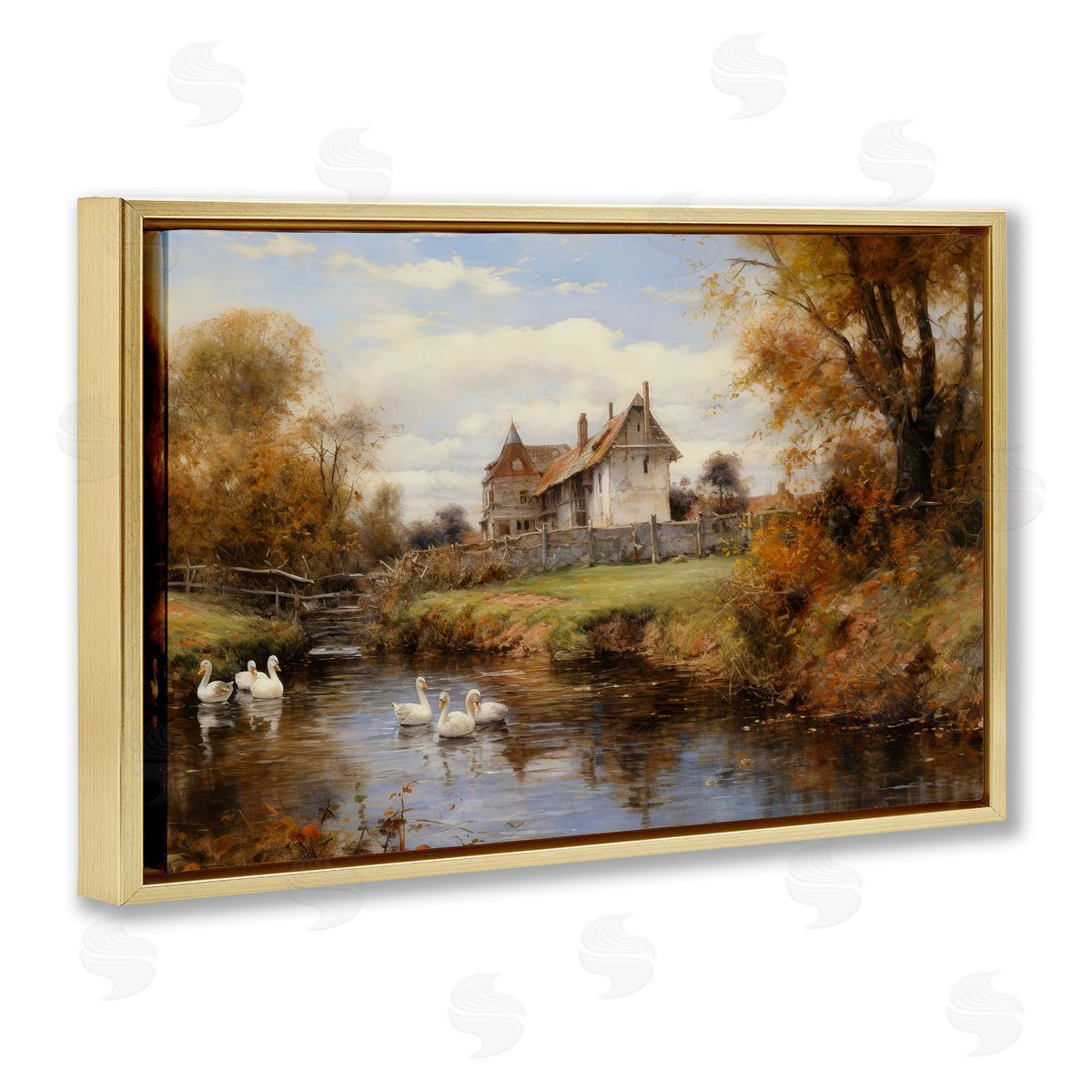 Petal Prints Design Ducks in Cottage River Gold Floating Frame Canvas Wall Art Print