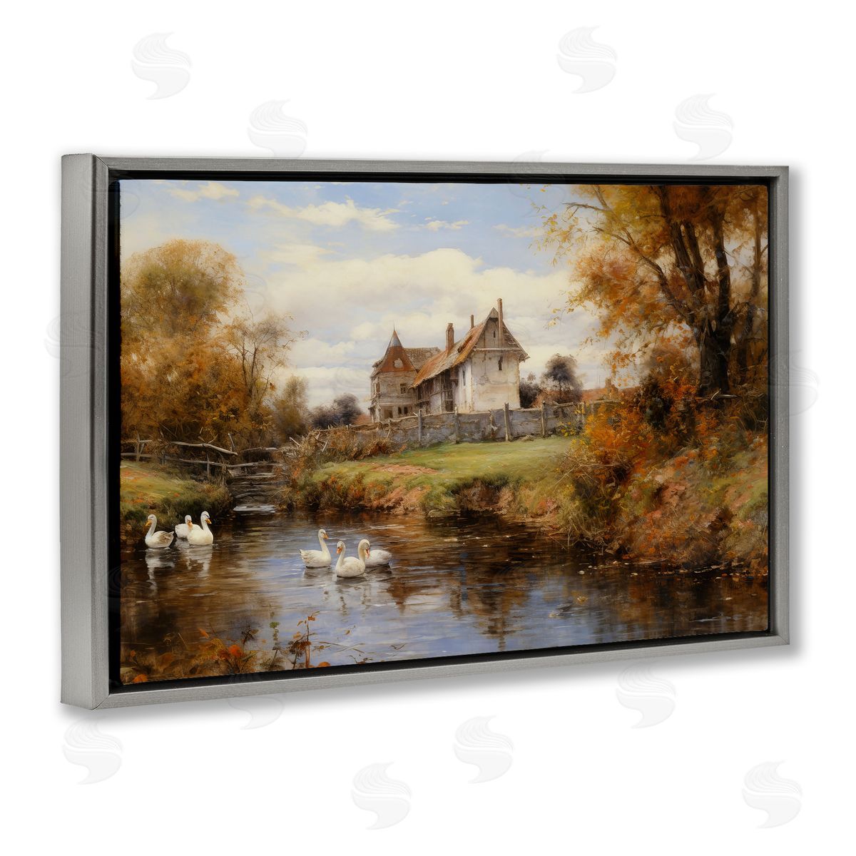 Petal Prints Design Ducks in Cottage River Gray Floating Frame Canvas Wall Art Print