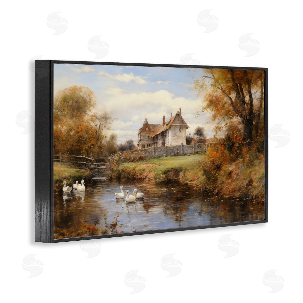 Petal Prints Design Ducks in Cottage River Black Framed Giclee Wall Art Print