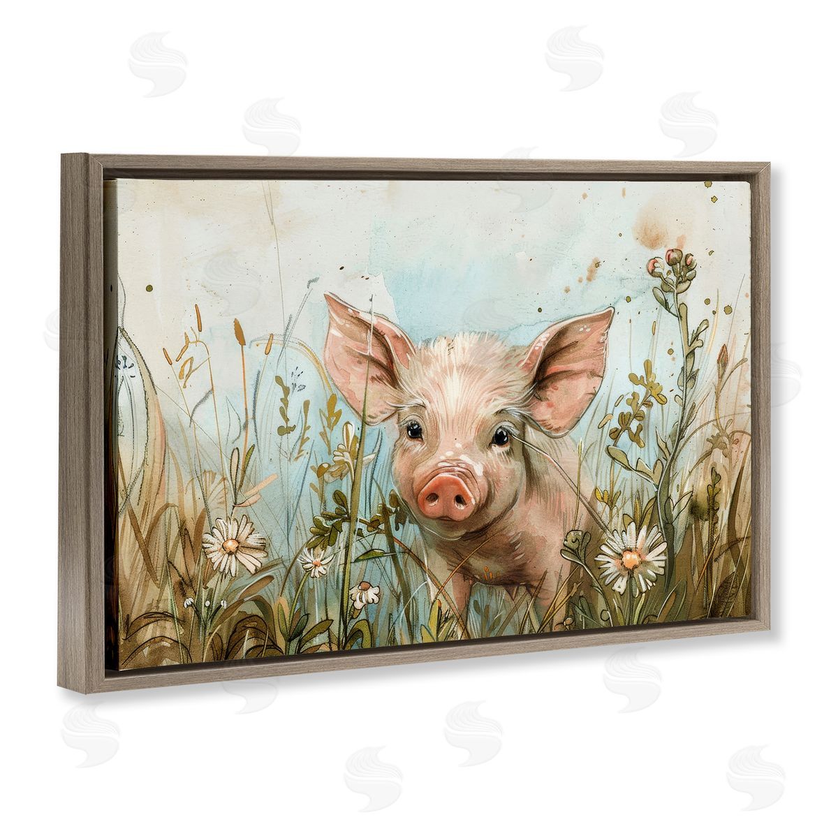 Piglet Among Flowers Brown Floating Frame Canvas Wall Art, Home Decor by Petals Prints Design