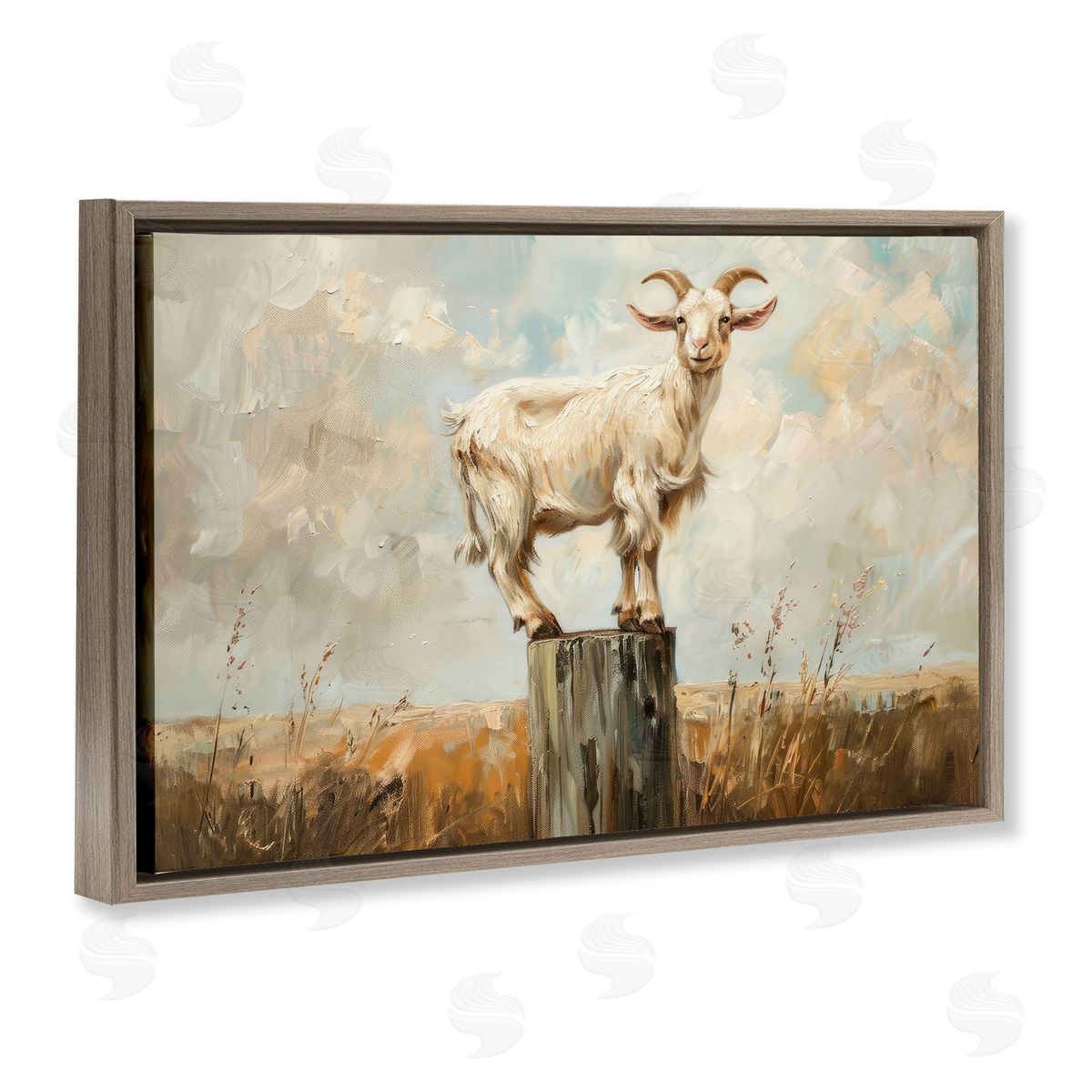 On The Fence Goat Brown Floating Frame Canvas Wall Art, Home Decor by Petals Prints Design