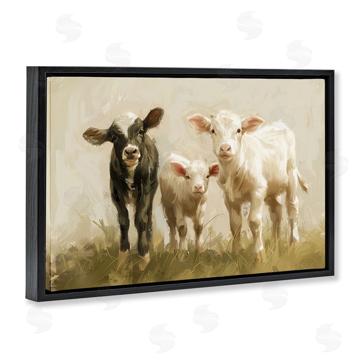 Petal Prints Design Baby Cattle Trio Black Floating Frame Canvas Wall Art Print