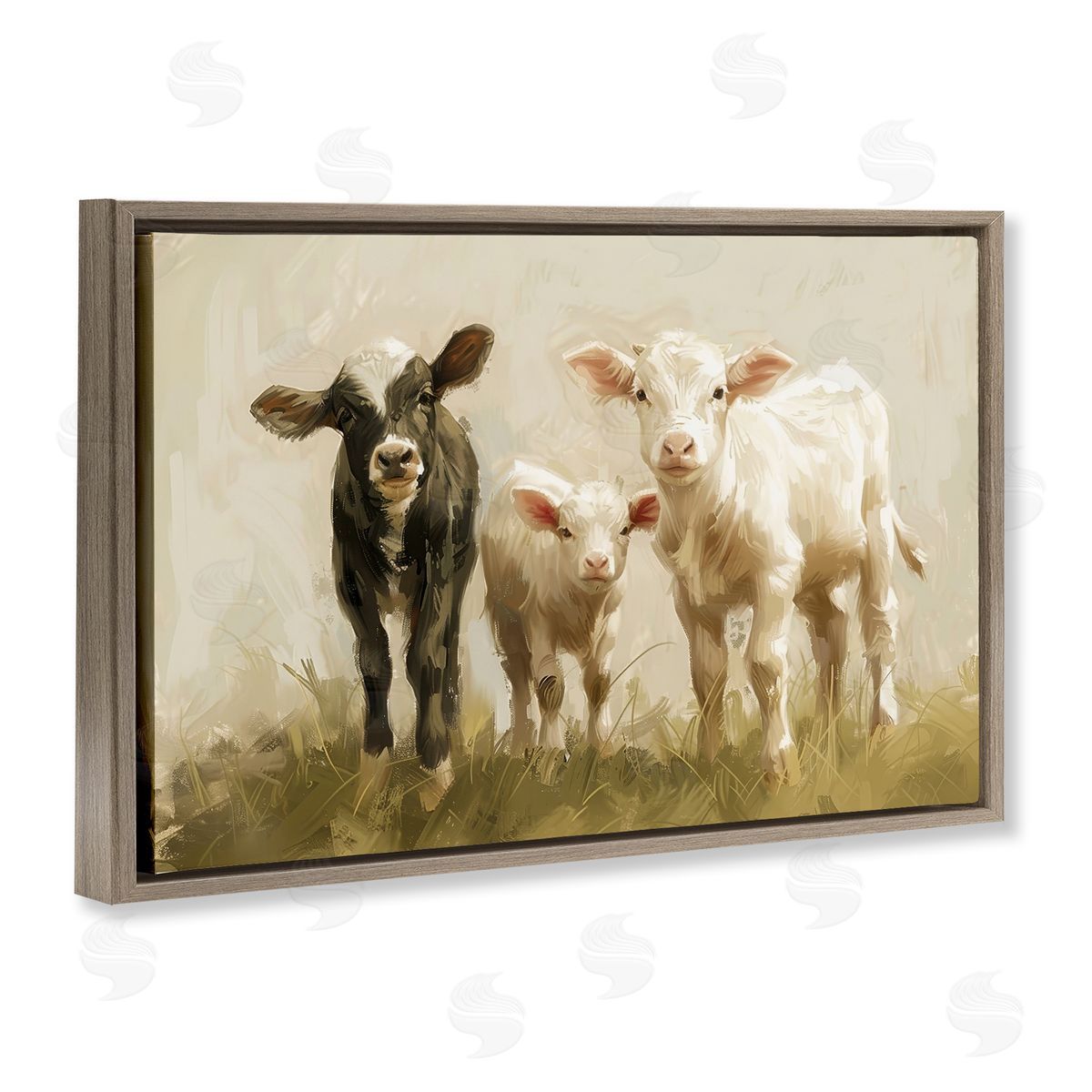 Petal Prints Design Baby Cattle Trio Brown Floating Frame Canvas Wall Art Print