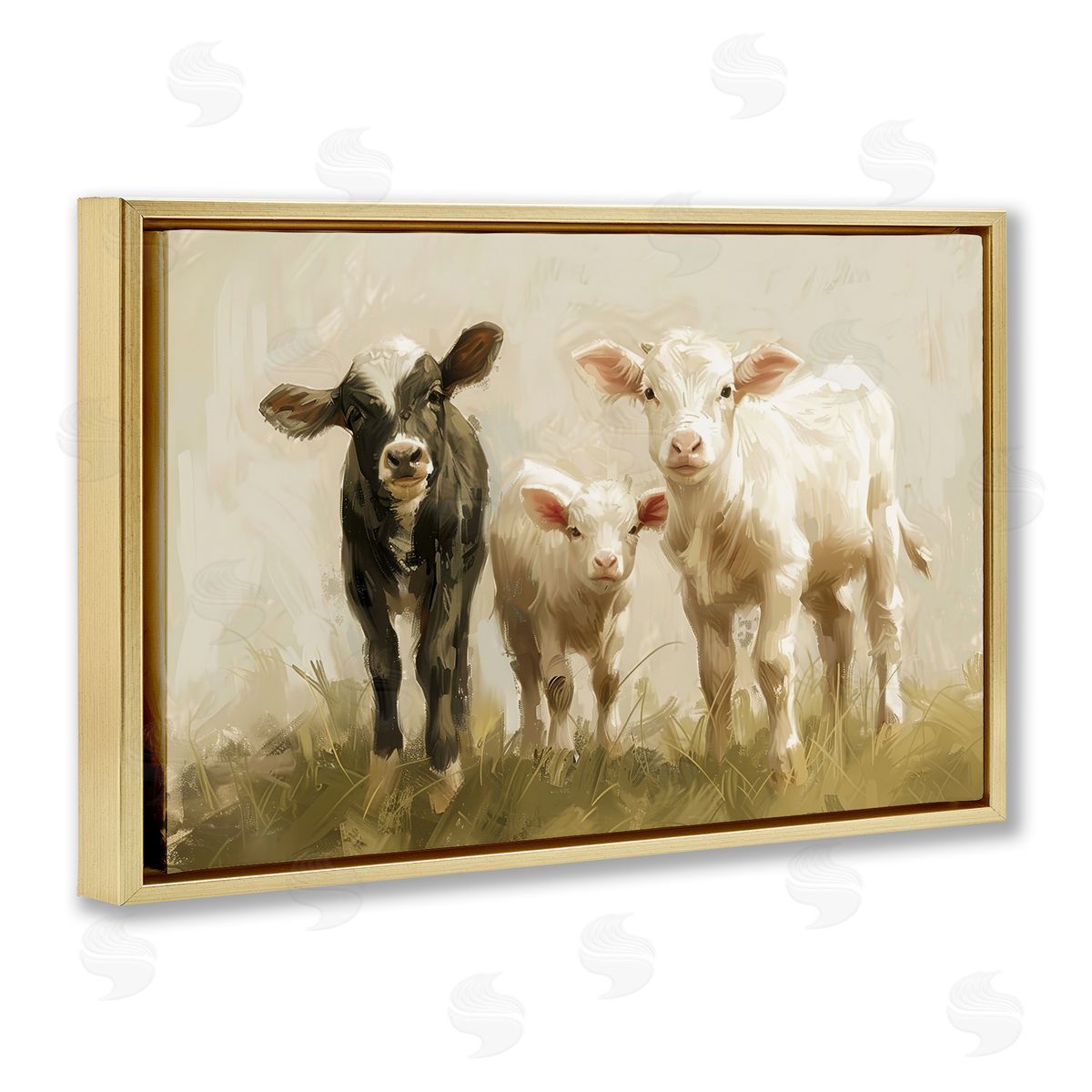 Petal Prints Design Baby Cattle Trio Gold Floating Frame Canvas Wall Art Print