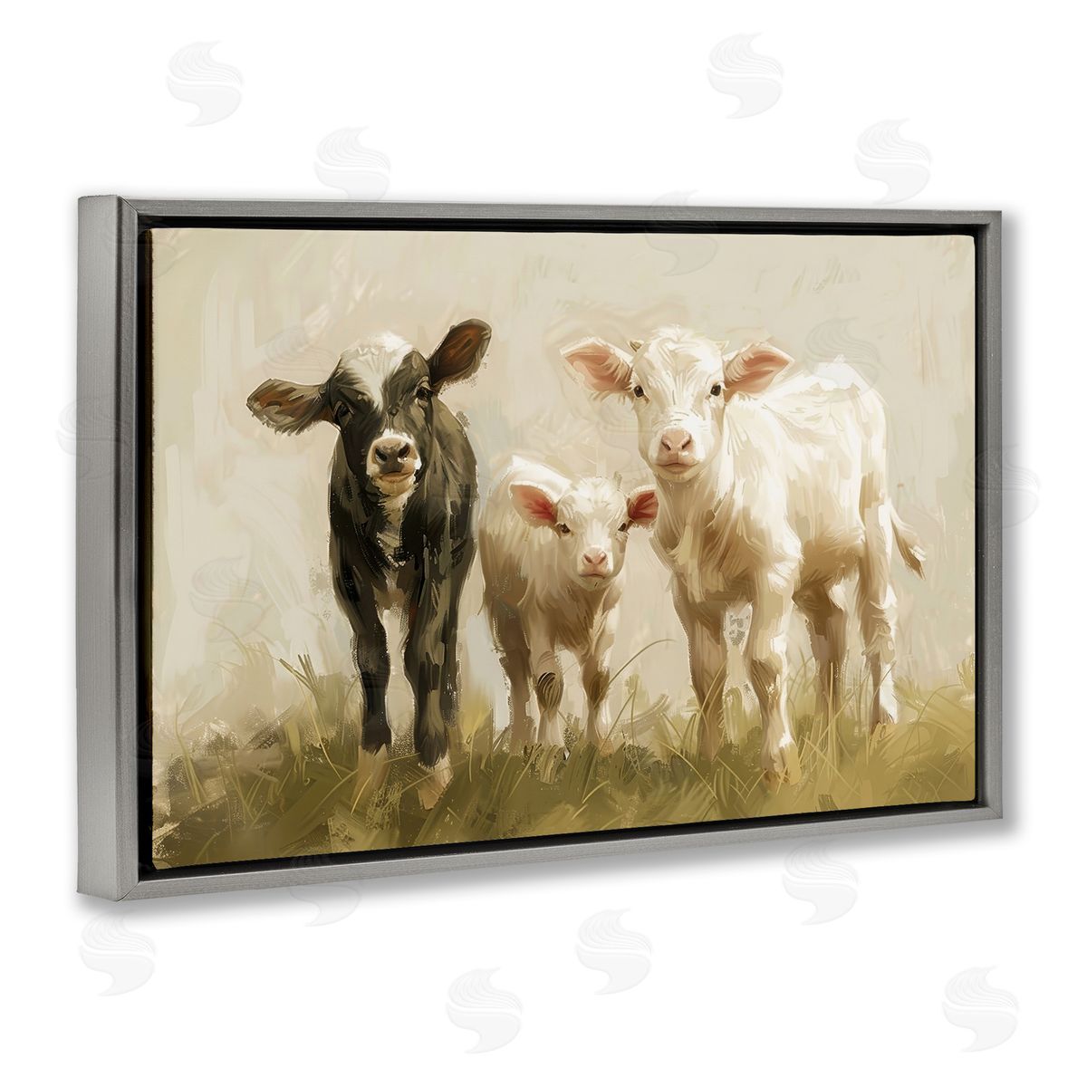 Petal Prints Design Baby Cattle Trio Gray Floating Frame Canvas Wall Art Print
