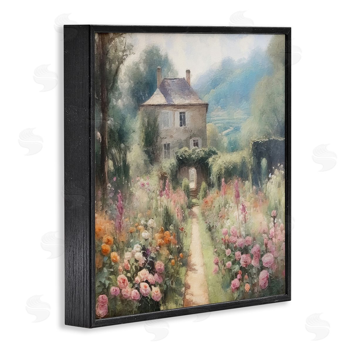Blooming Cottage Path Black Frame Print Wall Art, Home Decor by RileyB