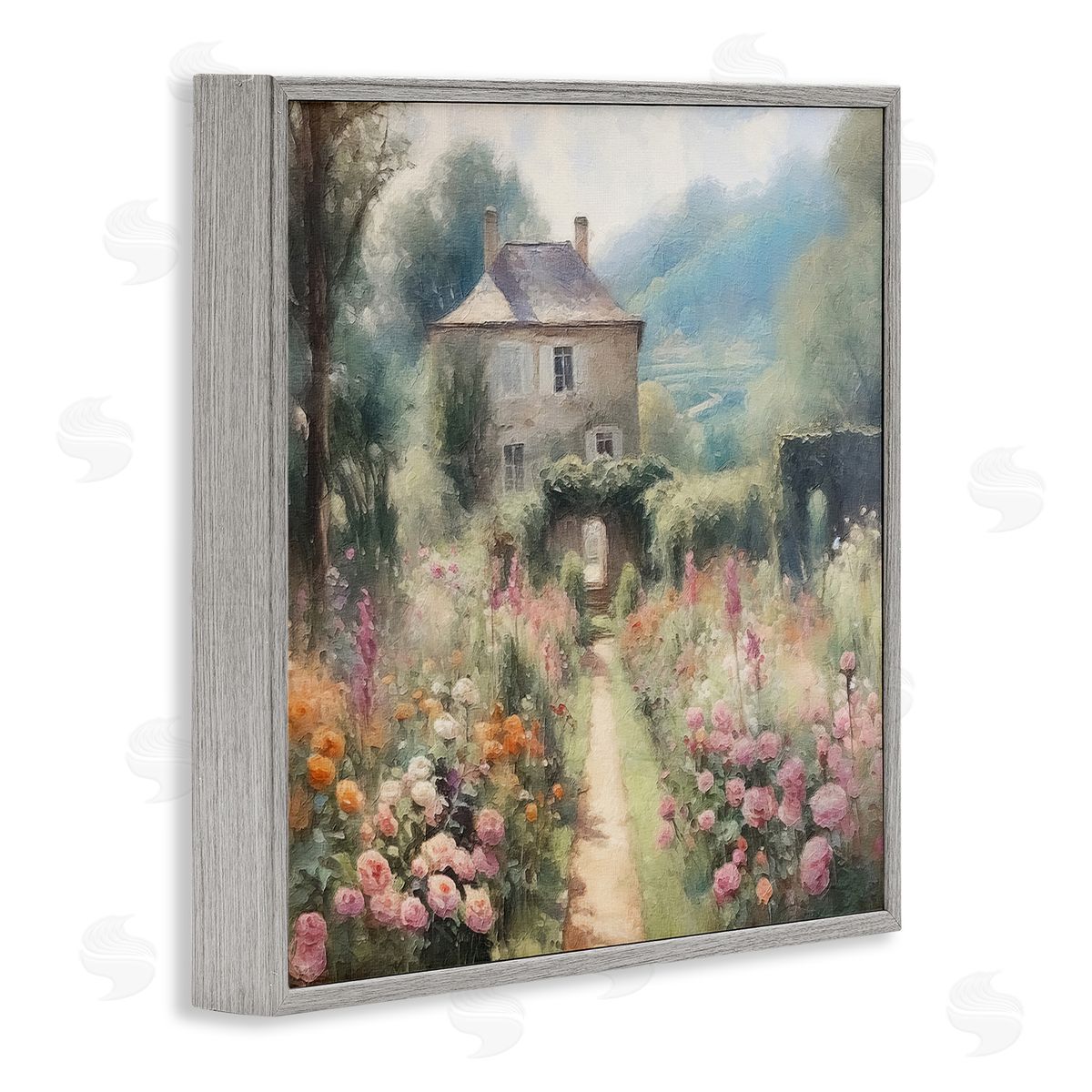 Blooming Cottage Path Grey Frame Print Wall Art, Home Decor by RileyB