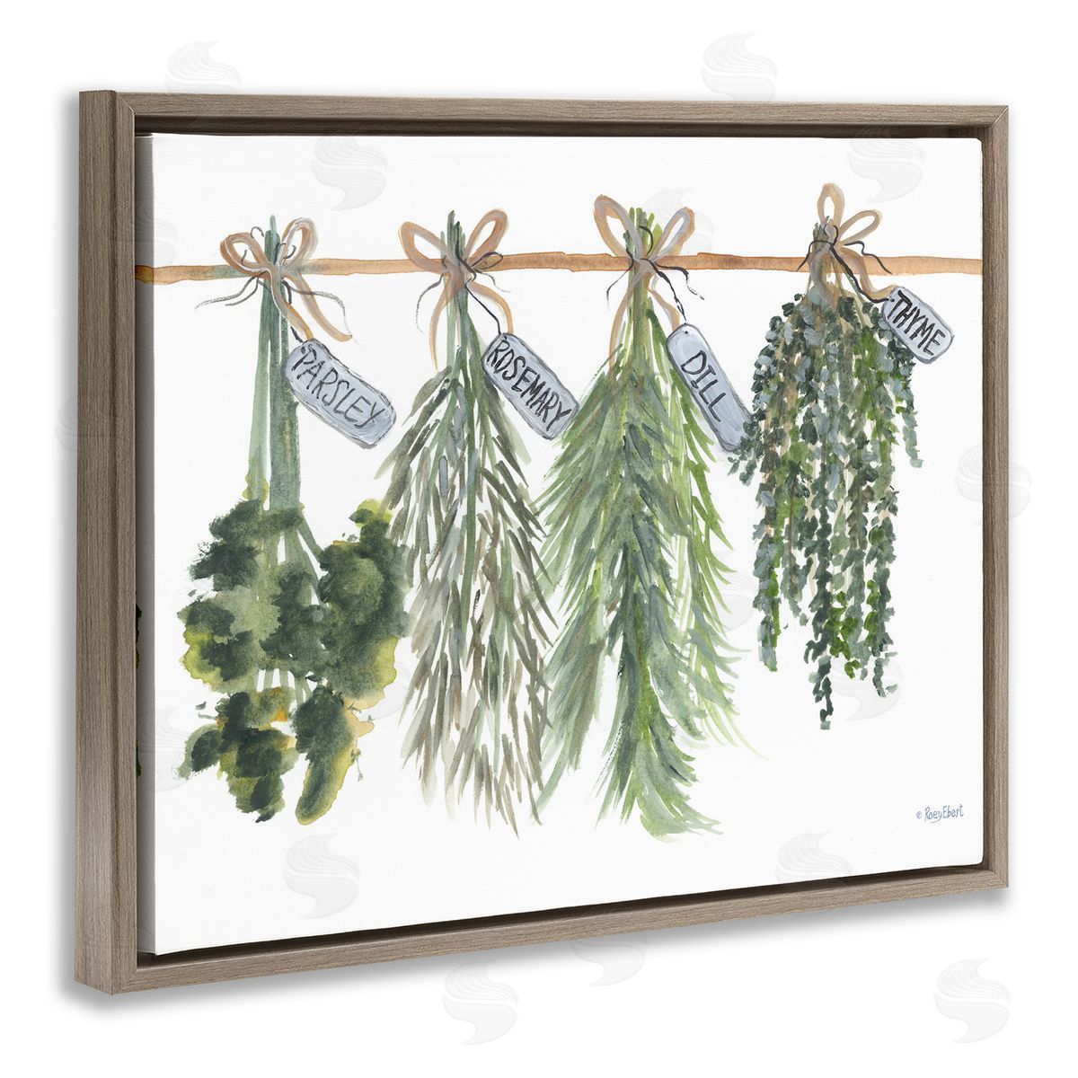 Hanging Kitchen Herbs Brown Floating Frame Canvas Wall Art, Home Decor by Roy Ebert