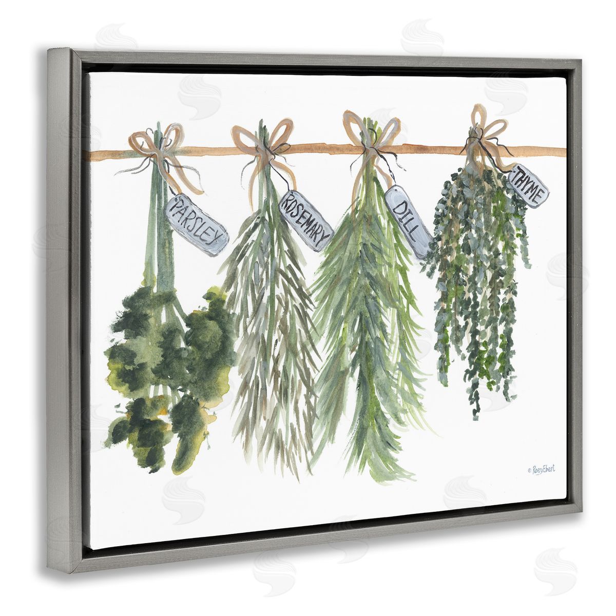 Hanging Kitchen Herbs Grey Floating Frame Canvas Wall Art, Home Decor by Roy Ebert