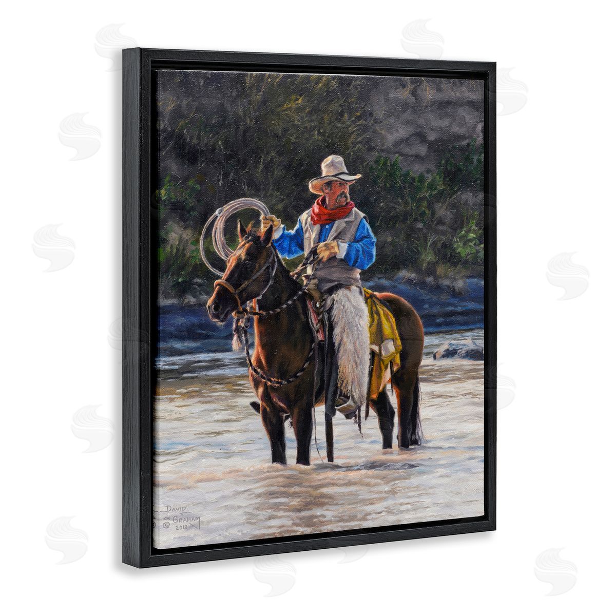David Graham Cowboy & River Passage Black Floating Frame Canvas Wall Art Print