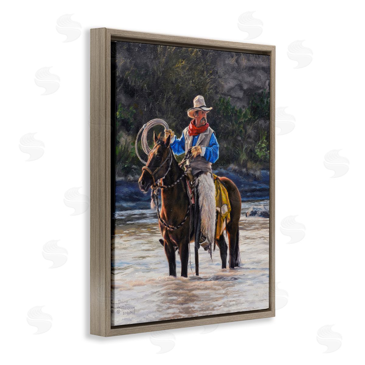 David Graham Cowboy & River Passage Brown Floating Frame Canvas Wall Art Print