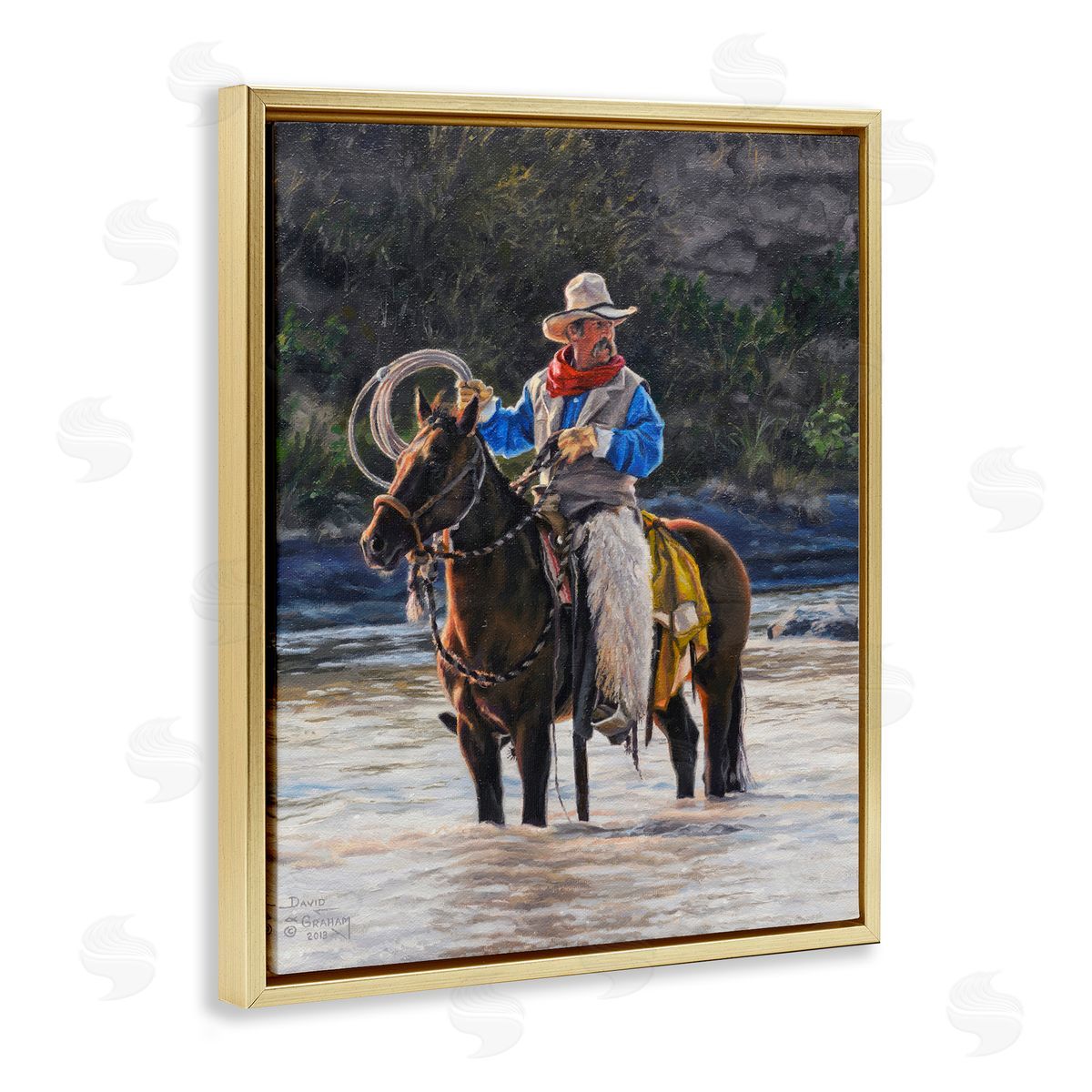 David Graham Cowboy & River Passage Gold Floating Frame Canvas Wall Art Print
