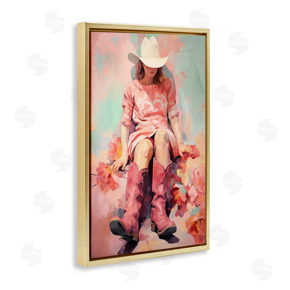 Cowgirl and Soft Florals Gold Floating Frame Canvas Wall Art, Home Decor by Sasha