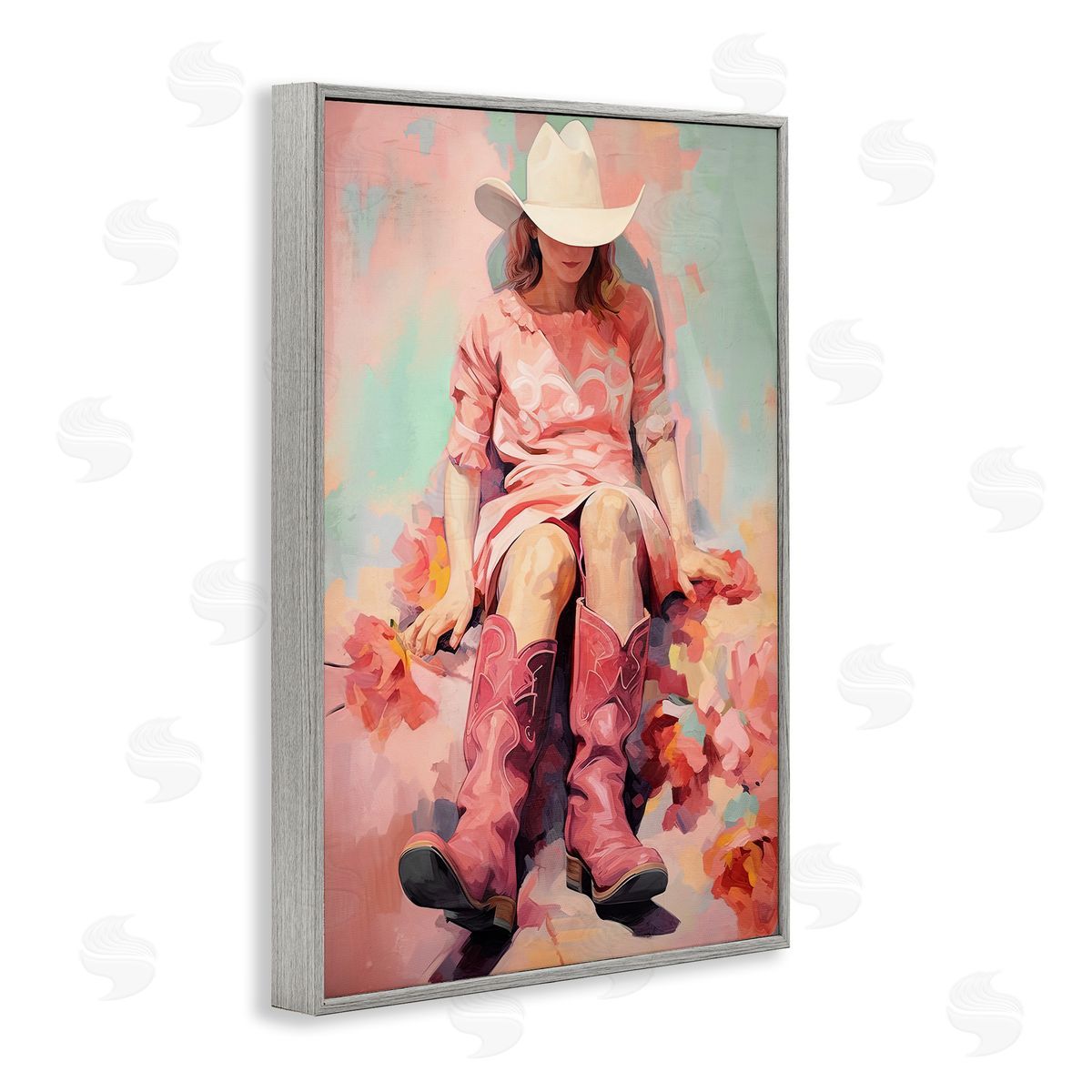 Cowgirl and Soft Florals Grey Frame Print Wall Art, Home Decor by Sasha