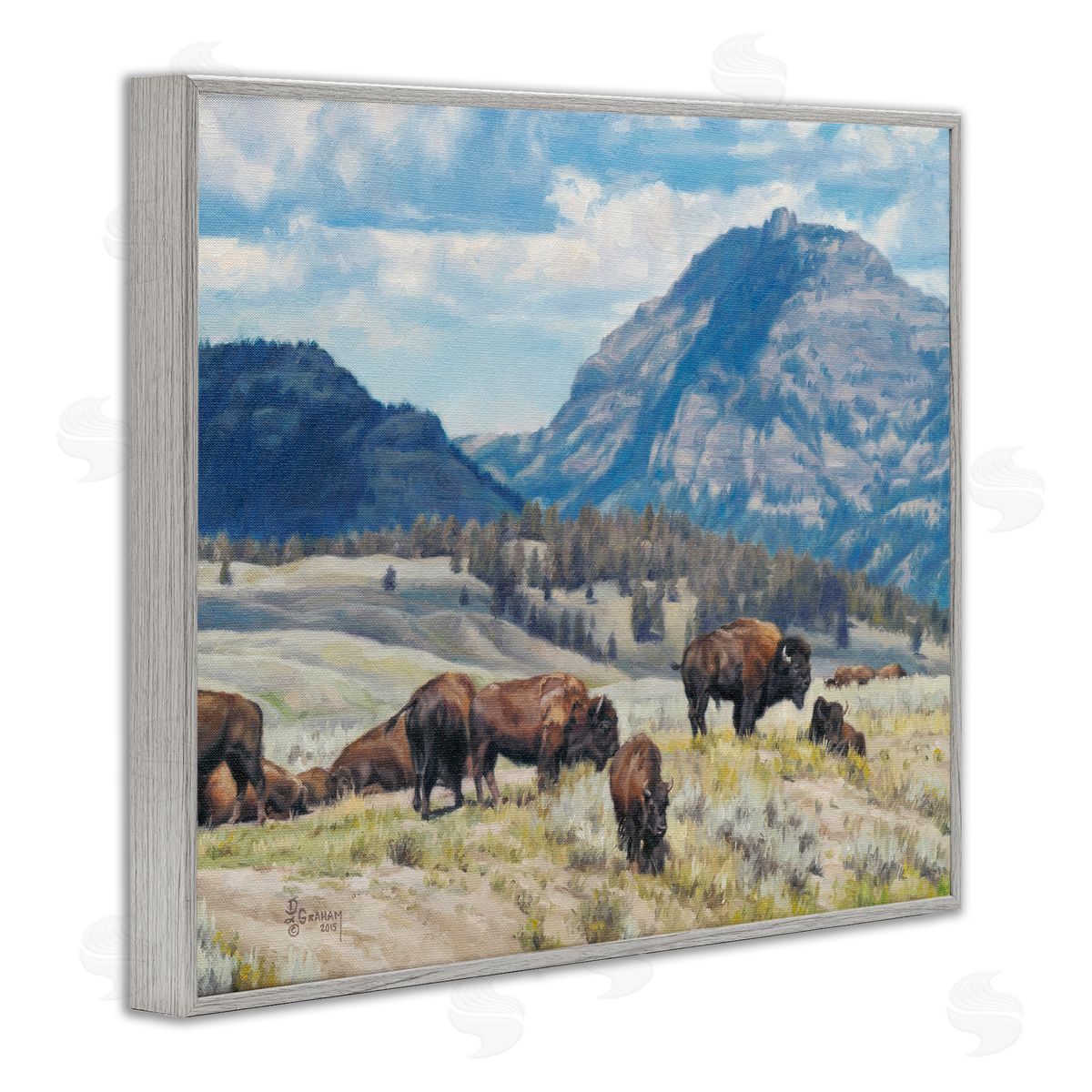 Sunny Afternoon Bison Grey Frame Print Wall Art, Home Decor by David Graham
