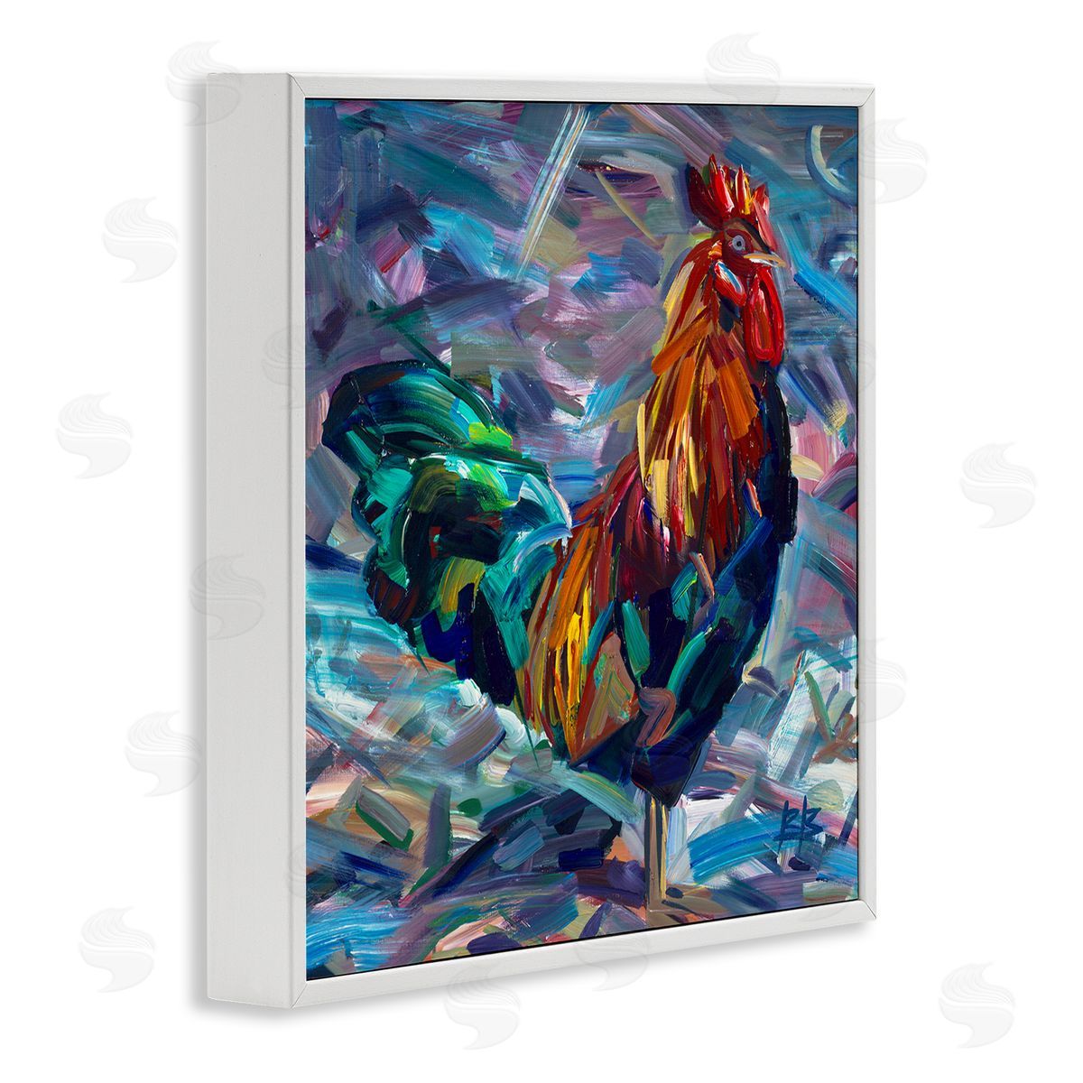 Abstract Crosshatch Rooster White Frame Print Wall Art, Home Decor by Borcherding